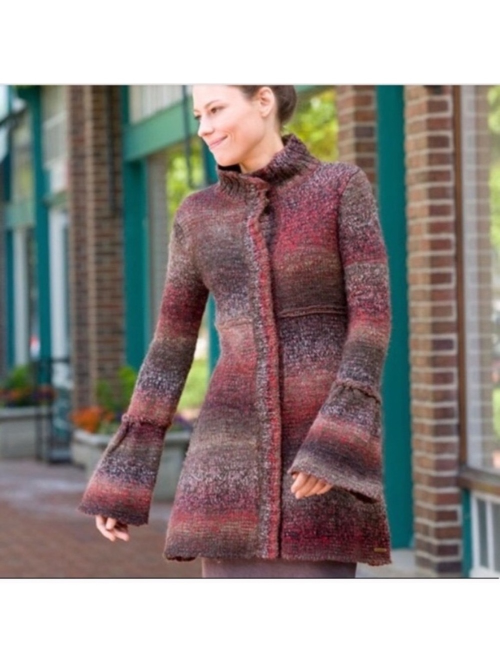 PrAna Amber Long Knit Bell-Sleeve Sweater Coat Multicolor Burgundy Wool